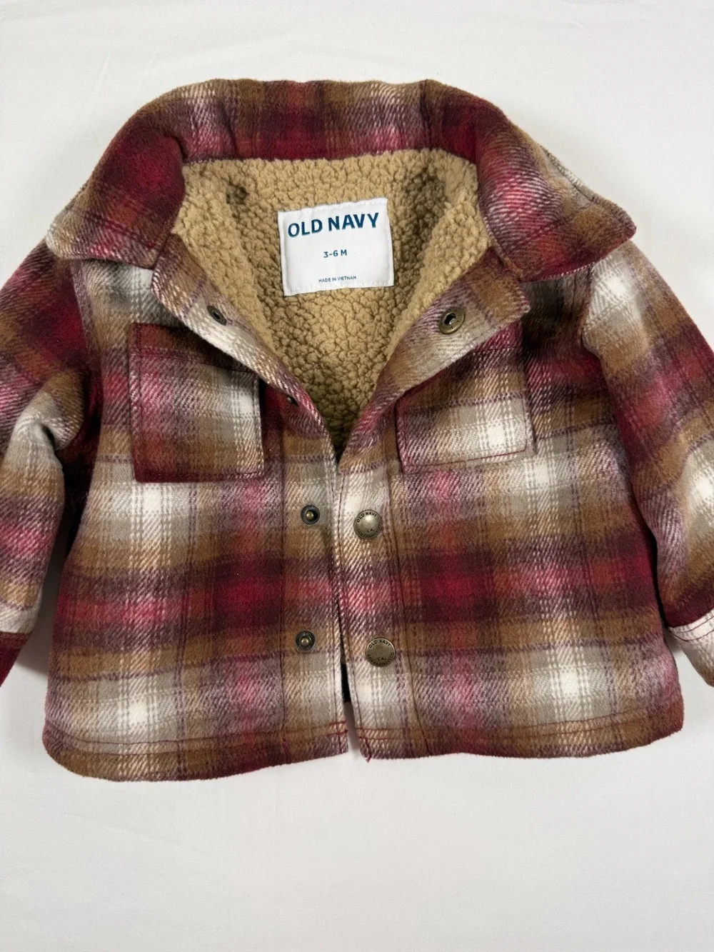 OLD NAVY Baby Sherpa Lined Plaid Shacket Burgundy Brown 3-6M Snap Front Jacket